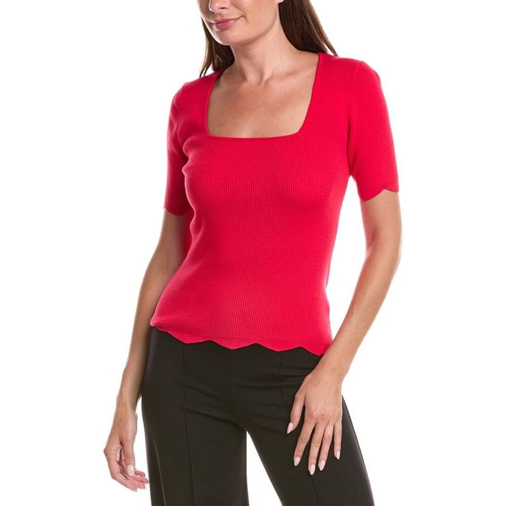 T Tahari Womens  Scallop Edge Pullover Sweater, Red